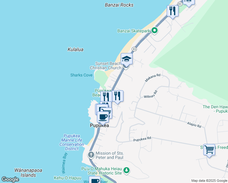 map of restaurants, bars, coffee shops, grocery stores, and more near 59-629 Ke Iki Road in Haleiwa