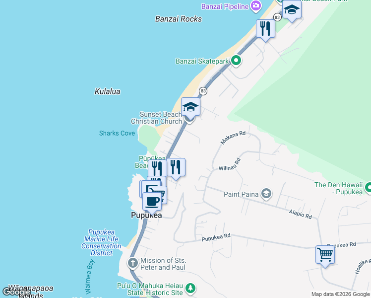 map of restaurants, bars, coffee shops, grocery stores, and more near 59-608 Kamehameha Highway in Haleiwa