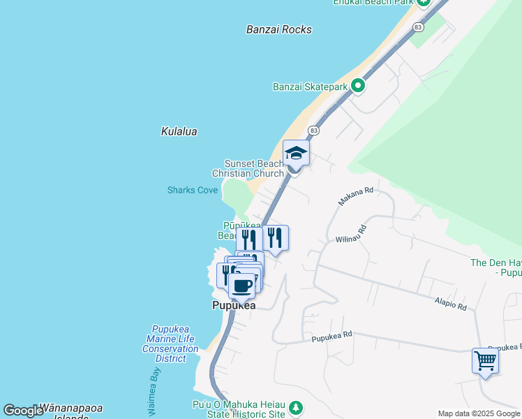 map of restaurants, bars, coffee shops, grocery stores, and more near 59-611 Ke Iki Road in Haleiwa