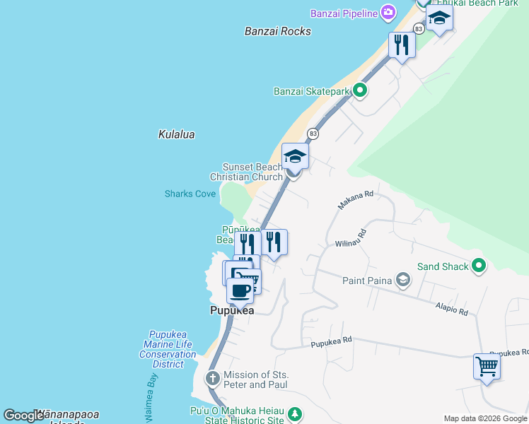map of restaurants, bars, coffee shops, grocery stores, and more near 59-611 Ke Iki Road in Haleiwa