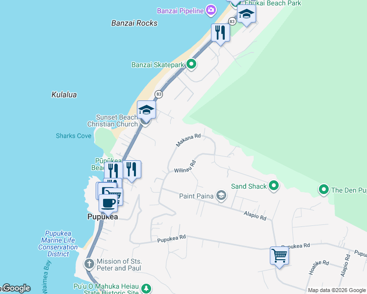 map of restaurants, bars, coffee shops, grocery stores, and more near 59-405 Makana Road in Haleiwa