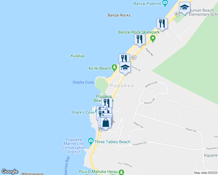 map of restaurants, bars, coffee shops, grocery stores, and more near 59-611 Ke Iki Road in Haleiwa