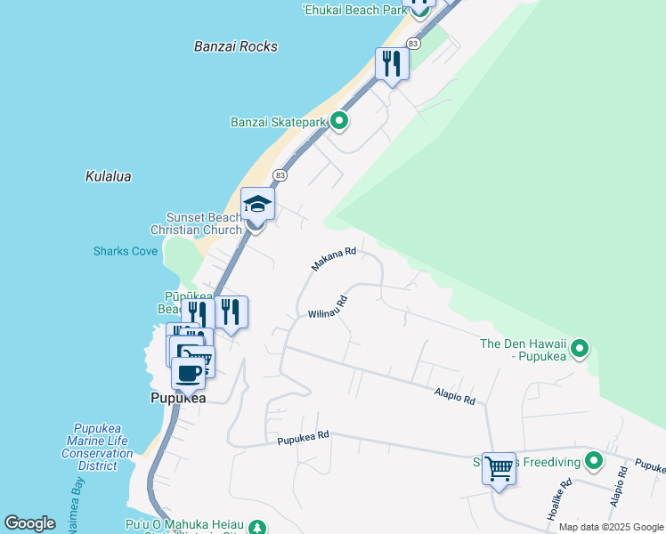 map of restaurants, bars, coffee shops, grocery stores, and more near 59-405 Makana Road in Haleiwa