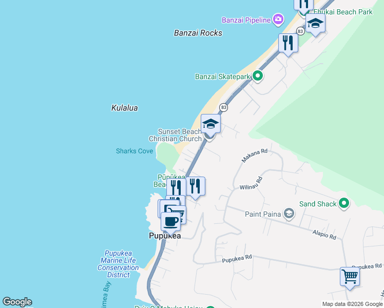 map of restaurants, bars, coffee shops, grocery stores, and more near 59-608 Kamehameha Highway in Haleiwa