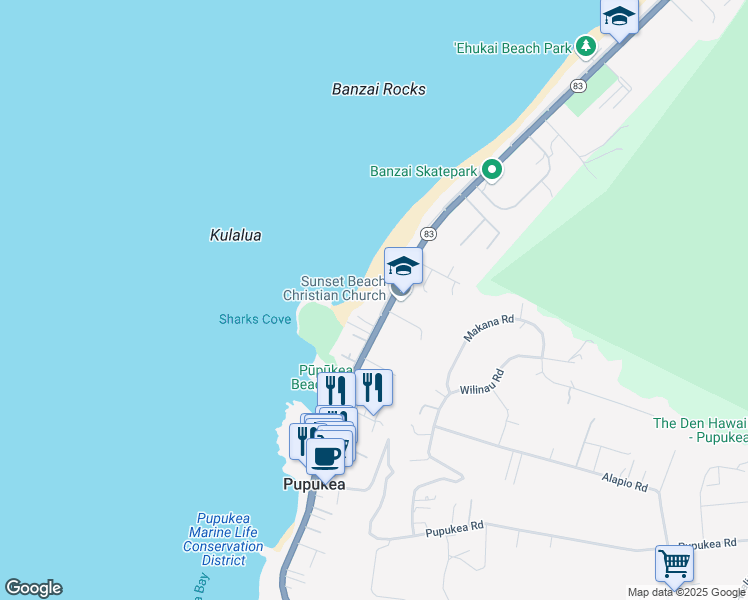 map of restaurants, bars, coffee shops, grocery stores, and more near 59-571 Ke Iki Road in Haleiwa
