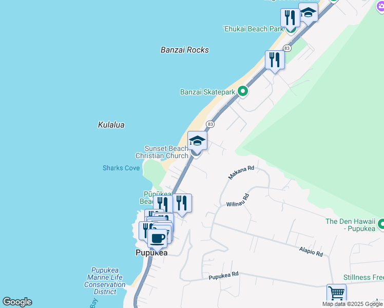 map of restaurants, bars, coffee shops, grocery stores, and more near 59-565 Ke Iki Road in Haleiwa