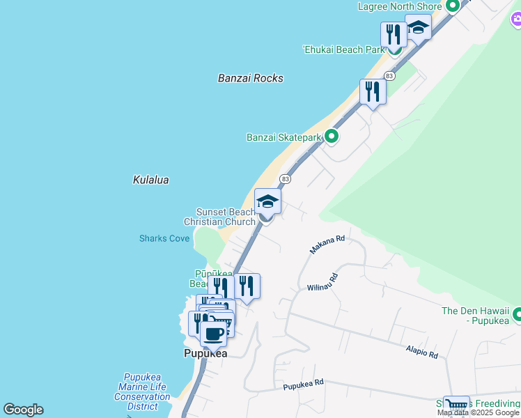 map of restaurants, bars, coffee shops, grocery stores, and more near 59-541 Ke Iki Road in Haleiwa