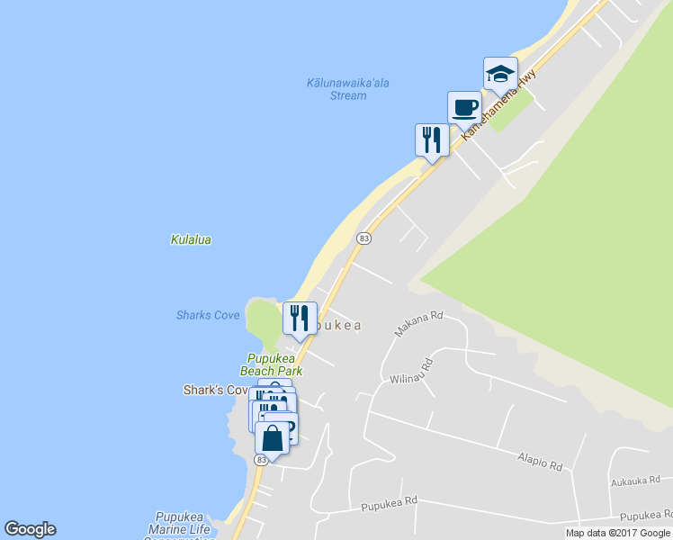 map of restaurants, bars, coffee shops, grocery stores, and more near 59-541 Ke Iki Road in Haleiwa
