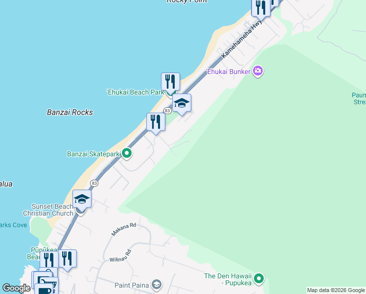 map of restaurants, bars, coffee shops, grocery stores, and more near 59-410 Kamehameha Highway in Haleiwa