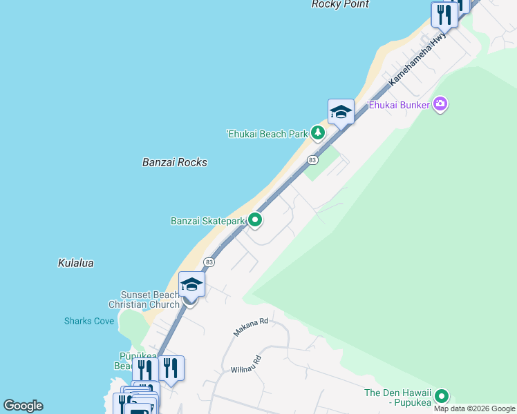 map of restaurants, bars, coffee shops, grocery stores, and more near 59-465 Kamehameha Highway in Haleiwa