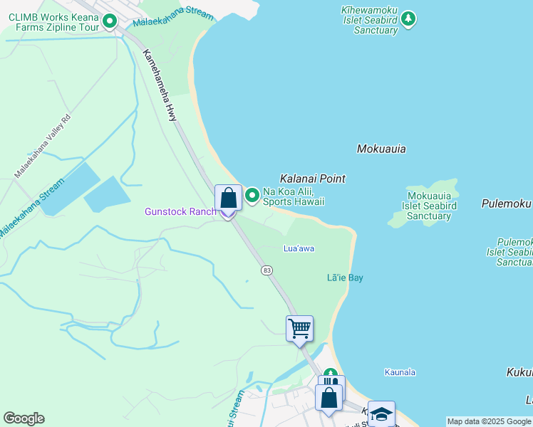 map of restaurants, bars, coffee shops, grocery stores, and more near 56-155 H Kam Highway in Kahuku