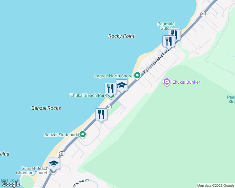 map of restaurants, bars, coffee shops, grocery stores, and more near 59-319 Ke Nui Road in Haleiwa