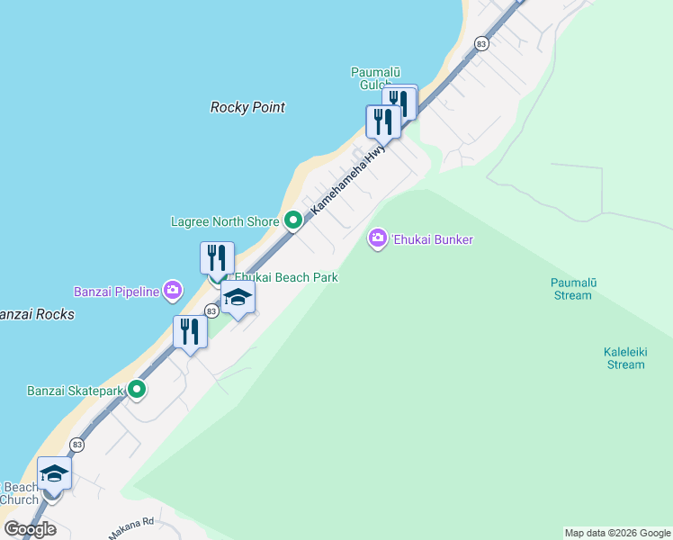 map of restaurants, bars, coffee shops, grocery stores, and more near 59-286 Kamehameha Highway in Haleiwa
