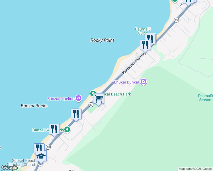 map of restaurants, bars, coffee shops, grocery stores, and more near 265 Kamehameha Highway in Haleiwa