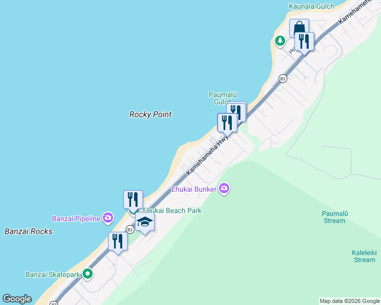 map of restaurants, bars, coffee shops, grocery stores, and more near 59-209D Ke Nui Road in Haleiwa