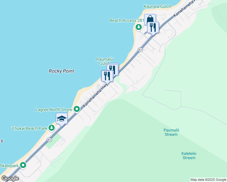map of restaurants, bars, coffee shops, grocery stores, and more near 59-180 Kamehameha Highway in Haleiwa