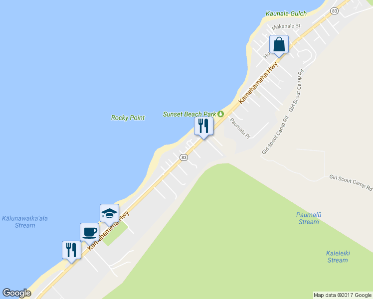 map of restaurants, bars, coffee shops, grocery stores, and more near 59-189 Ke Nui Road in Haleiwa