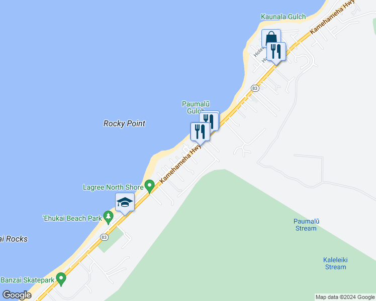 map of restaurants, bars, coffee shops, grocery stores, and more near 59-189 Ke Nui Road in Haleiwa
