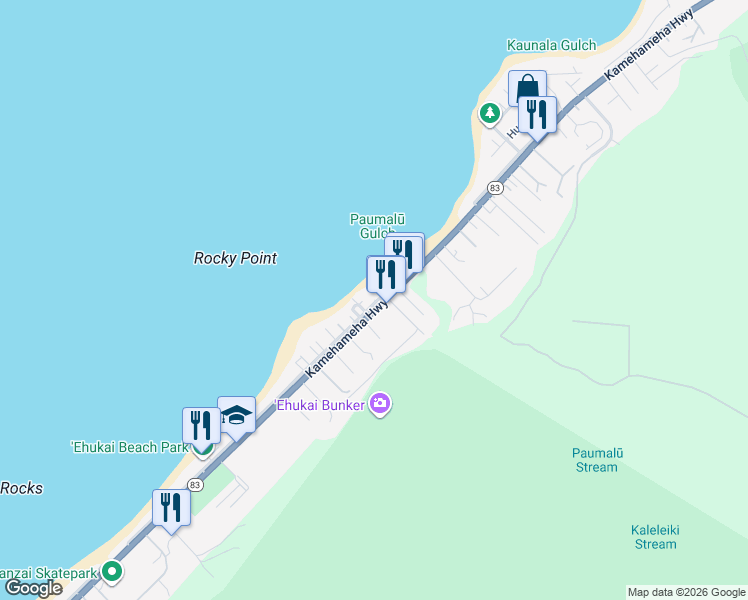 map of restaurants, bars, coffee shops, grocery stores, and more near 59-155 Ke Nui Road in Haleiwa