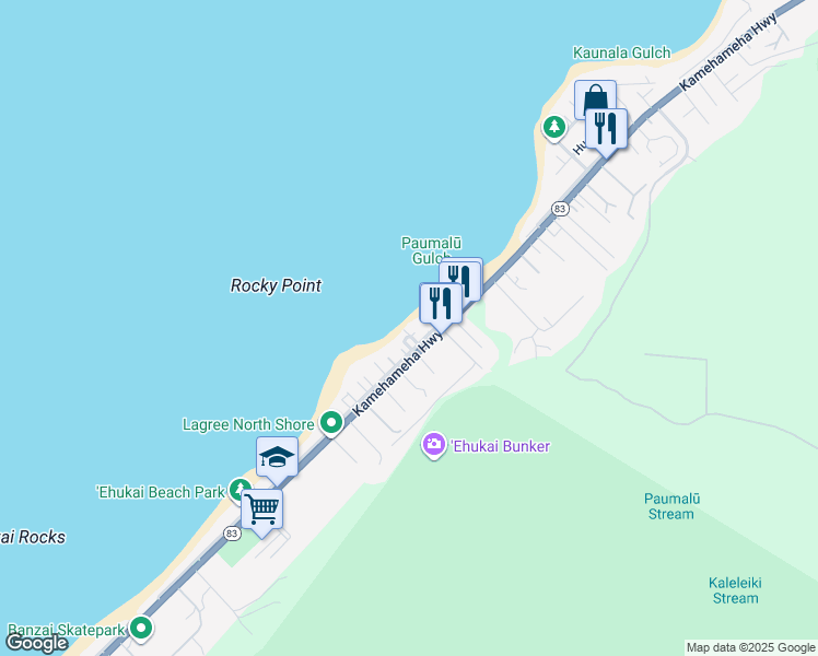map of restaurants, bars, coffee shops, grocery stores, and more near 59-175B Ke Nui Road in Haleiwa