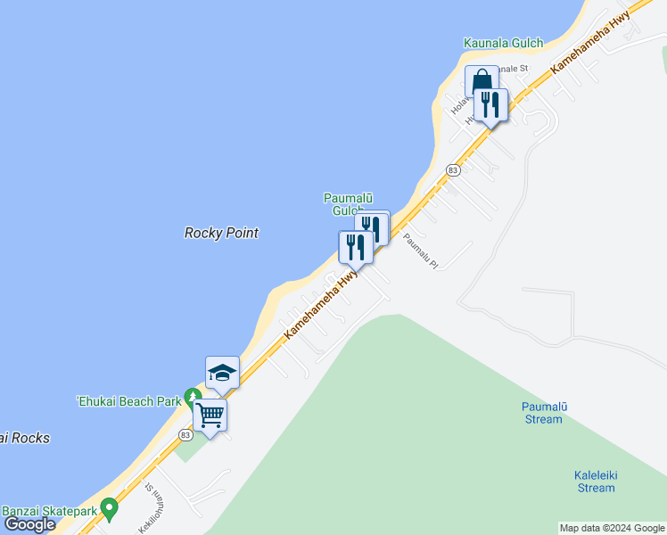 map of restaurants, bars, coffee shops, grocery stores, and more near 59-175B Ke Nui Road in Haleiwa