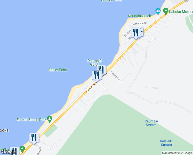 map of restaurants, bars, coffee shops, grocery stores, and more near 59-155 Ke Nui Road in Haleiwa