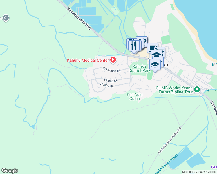 map of restaurants, bars, coffee shops, grocery stores, and more near 56-325 Huehu Street in Kahuku