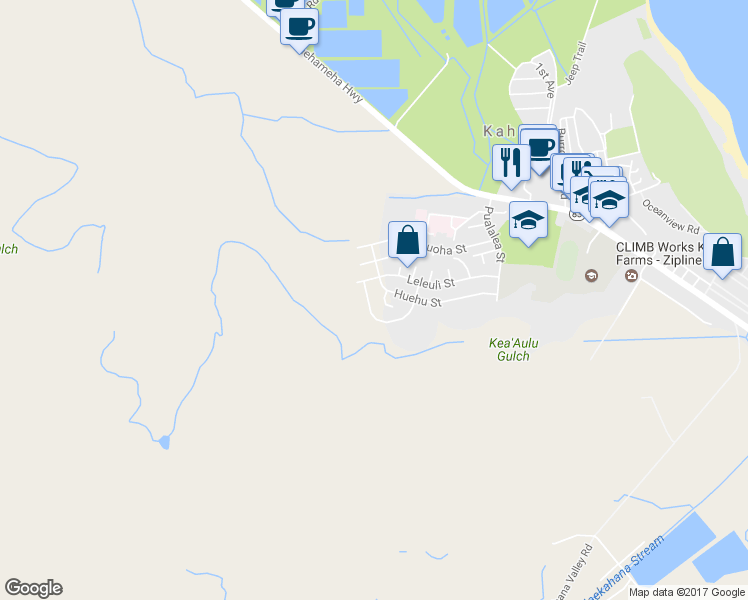 map of restaurants, bars, coffee shops, grocery stores, and more near 56-449 Pahelehala Loop in Kahuku