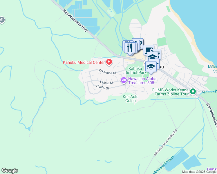 map of restaurants, bars, coffee shops, grocery stores, and more near 56-325 Huehu Street in Kahuku
