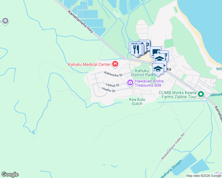 map of restaurants, bars, coffee shops, grocery stores, and more near 56-325 Huehu Street in Kahuku