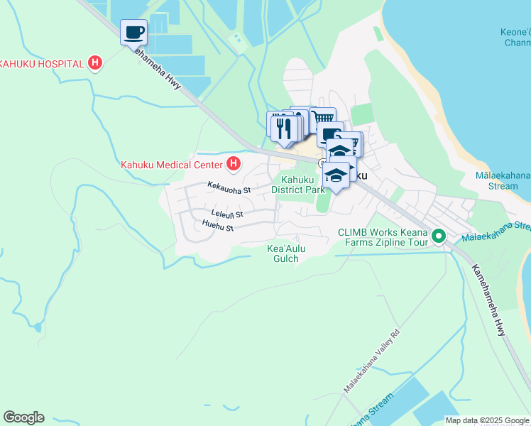 map of restaurants, bars, coffee shops, grocery stores, and more near 56-273 Maunuunu Place in Kahuku