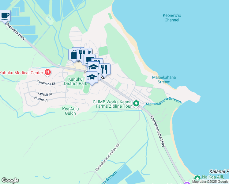 map of restaurants, bars, coffee shops, grocery stores, and more near 1 Enos Road in Kahuku