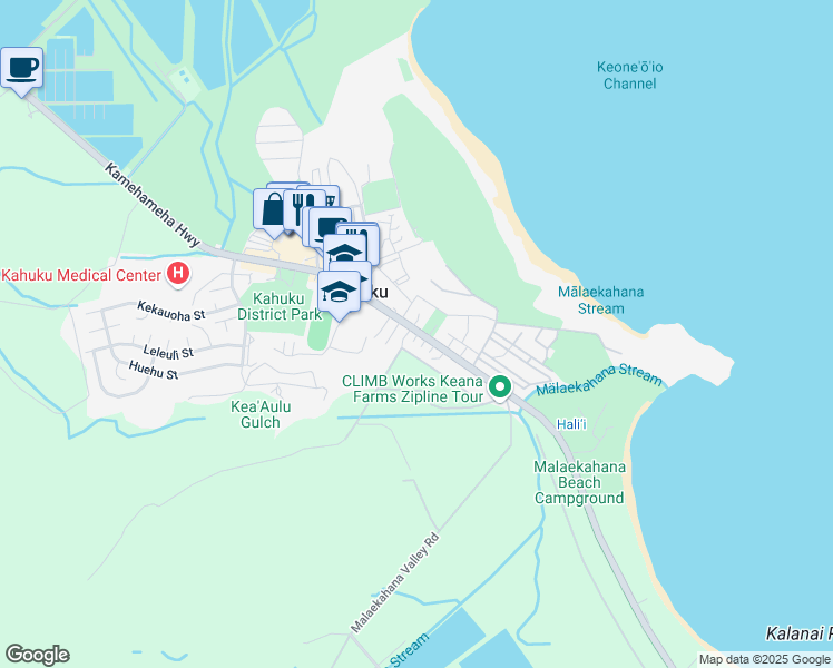 map of restaurants, bars, coffee shops, grocery stores, and more near 56 Kamehameha Highway in Kahuku