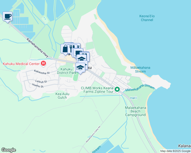 map of restaurants, bars, coffee shops, grocery stores, and more near 1 Enos Road in Kahuku