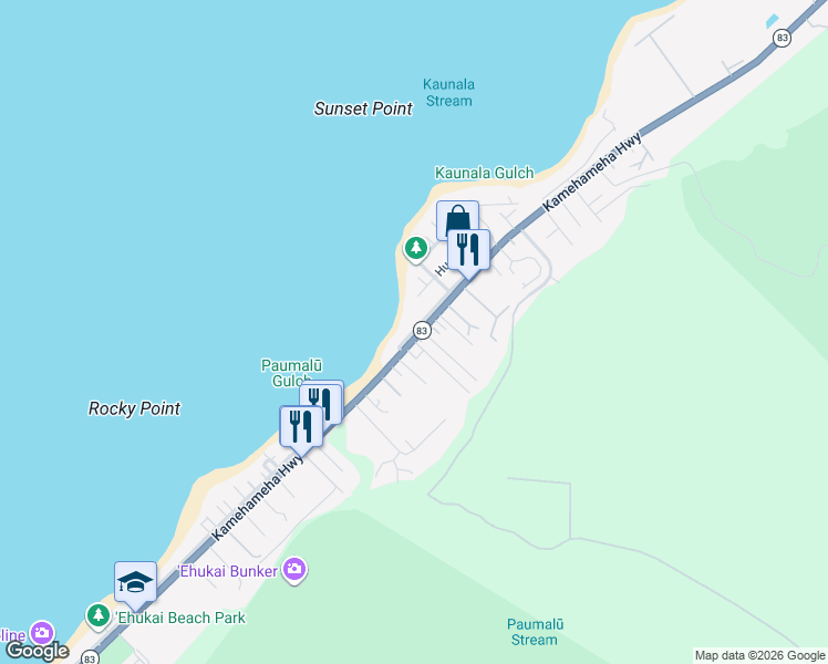 map of restaurants, bars, coffee shops, grocery stores, and more near 59-60 Huelo Street in Haleiwa