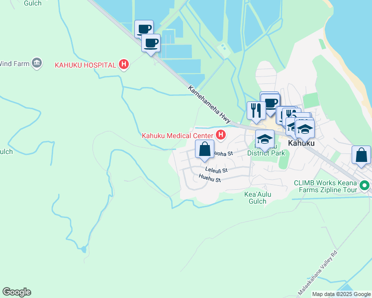 map of restaurants, bars, coffee shops, grocery stores, and more near 56-355 Kekauoha Street in Kahuku