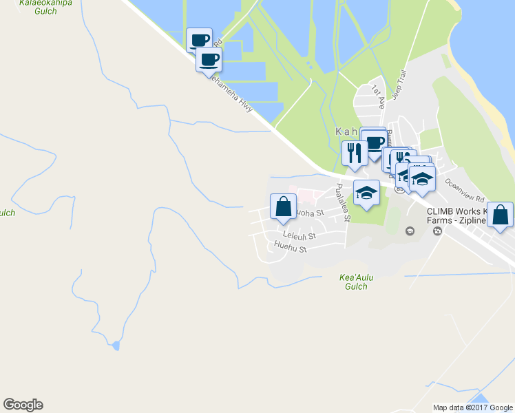 map of restaurants, bars, coffee shops, grocery stores, and more near 56-355 Kekauoha Street in Kahuku