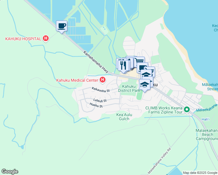 map of restaurants, bars, coffee shops, grocery stores, and more near 56-137 Pualalea Street in Kahuku