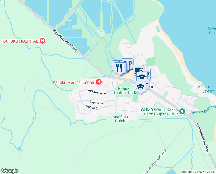 map of restaurants, bars, coffee shops, grocery stores, and more near 56-137 Pualalea Street in Kahuku