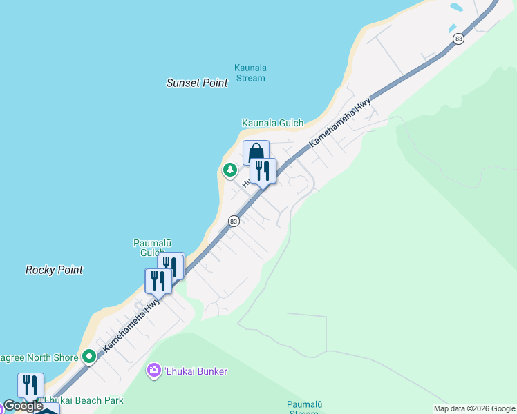 map of restaurants, bars, coffee shops, grocery stores, and more near 59-40 Kamehameha Highway in Haleiwa