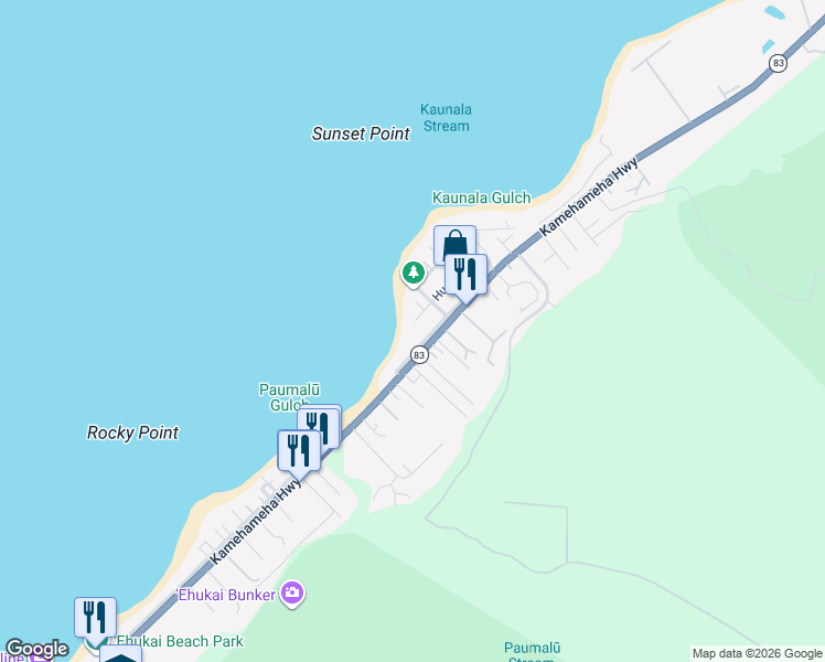 map of restaurants, bars, coffee shops, grocery stores, and more near 59-60 Huelo Street in Haleiwa