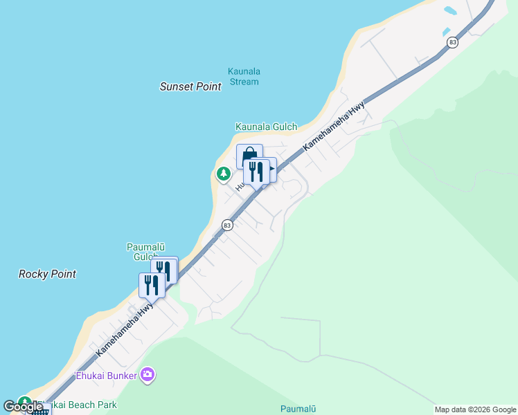 map of restaurants, bars, coffee shops, grocery stores, and more near 59-40 Kamehameha Highway in Haleiwa