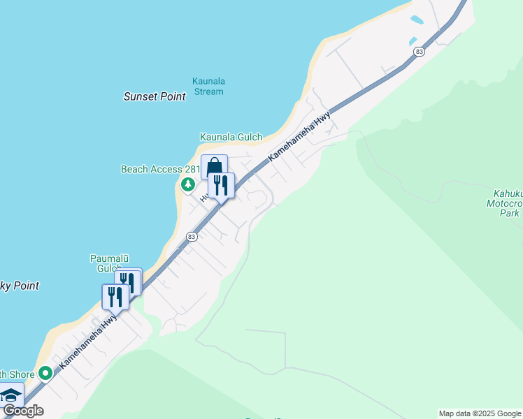 map of restaurants, bars, coffee shops, grocery stores, and more near 58-145 Wehiwa Place in Haleiwa