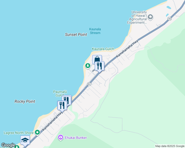 map of restaurants, bars, coffee shops, grocery stores, and more near 59-025 Hoalua Street in Haleiwa