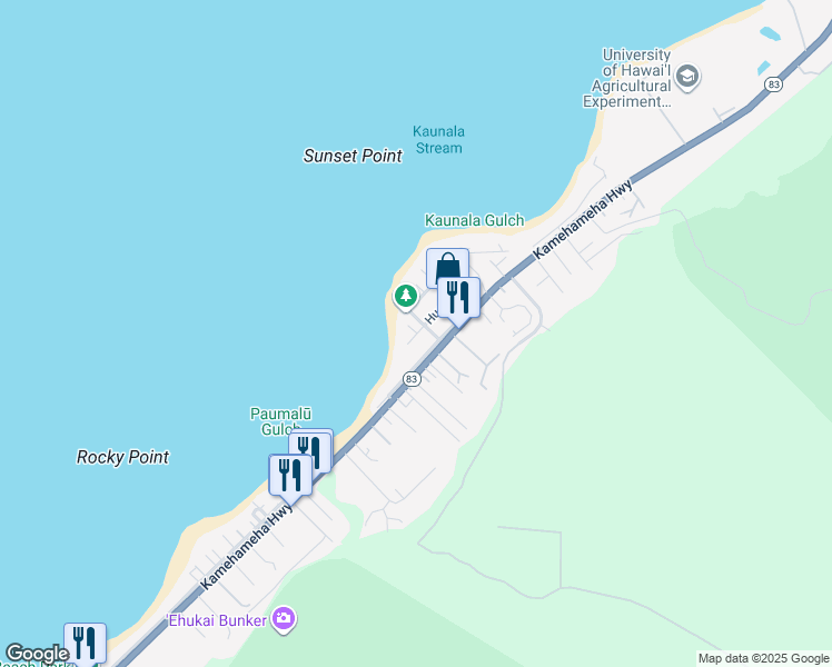 map of restaurants, bars, coffee shops, grocery stores, and more near 59-17 Kahauola Street in Haleiwa