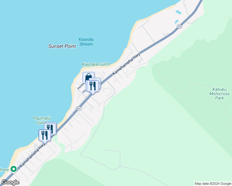 map of restaurants, bars, coffee shops, grocery stores, and more near 348 Comsat Road in Haleiwa