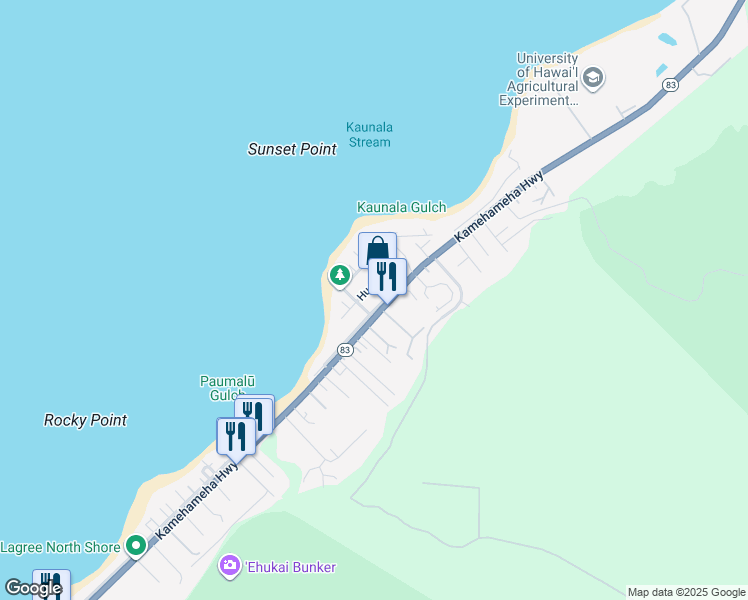 map of restaurants, bars, coffee shops, grocery stores, and more near 59-025 Hoalua Street in Haleiwa