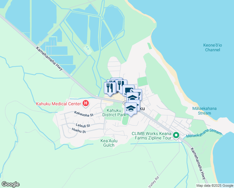 map of restaurants, bars, coffee shops, grocery stores, and more near 56-565 Kamehameha Highway in Kahuku
