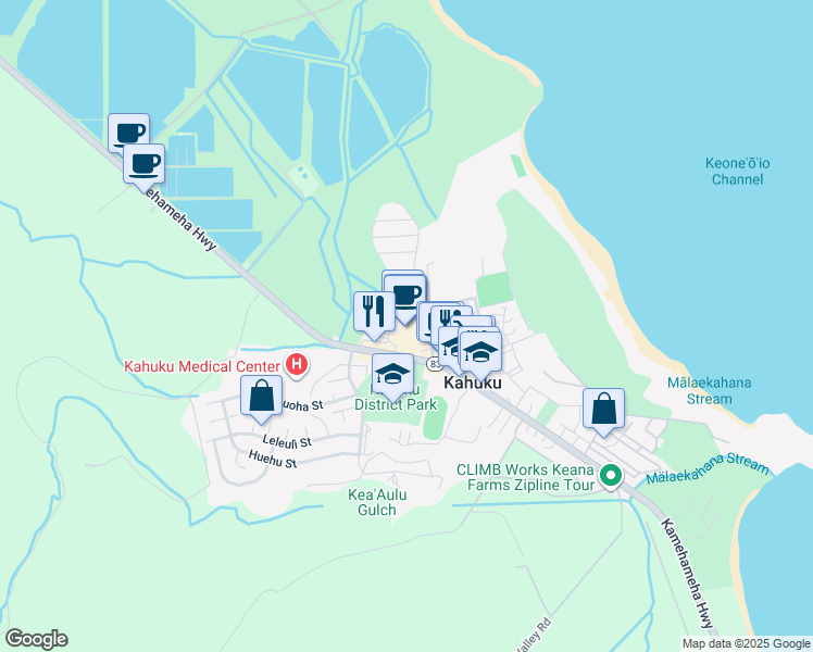 map of restaurants, bars, coffee shops, grocery stores, and more near 56-565 Kamehameha Highway in Kahuku
