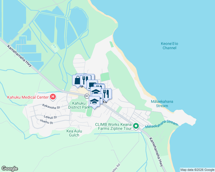 map of restaurants, bars, coffee shops, grocery stores, and more near 56-154 Puuluana Place in Kahuku